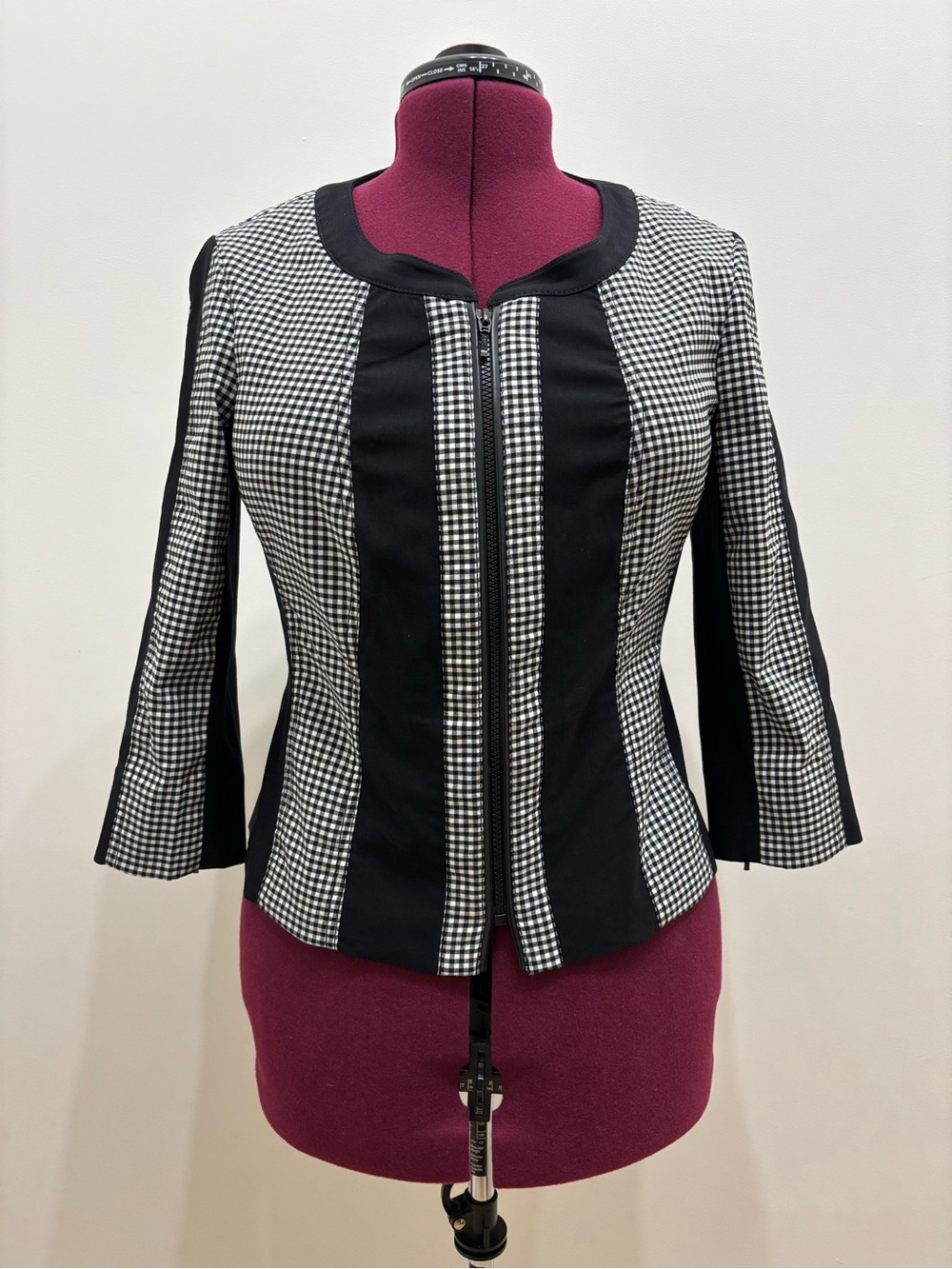 Renuar Black & White Gingham Panel Jacket - Tailored Zip Front